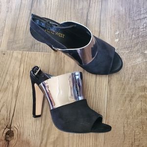 Nine West open toe black heels with metallic band